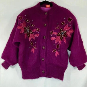 VTG CRESCENT BAY Women Sweater  Embroidered embellished Wool Purple Flower Sz M